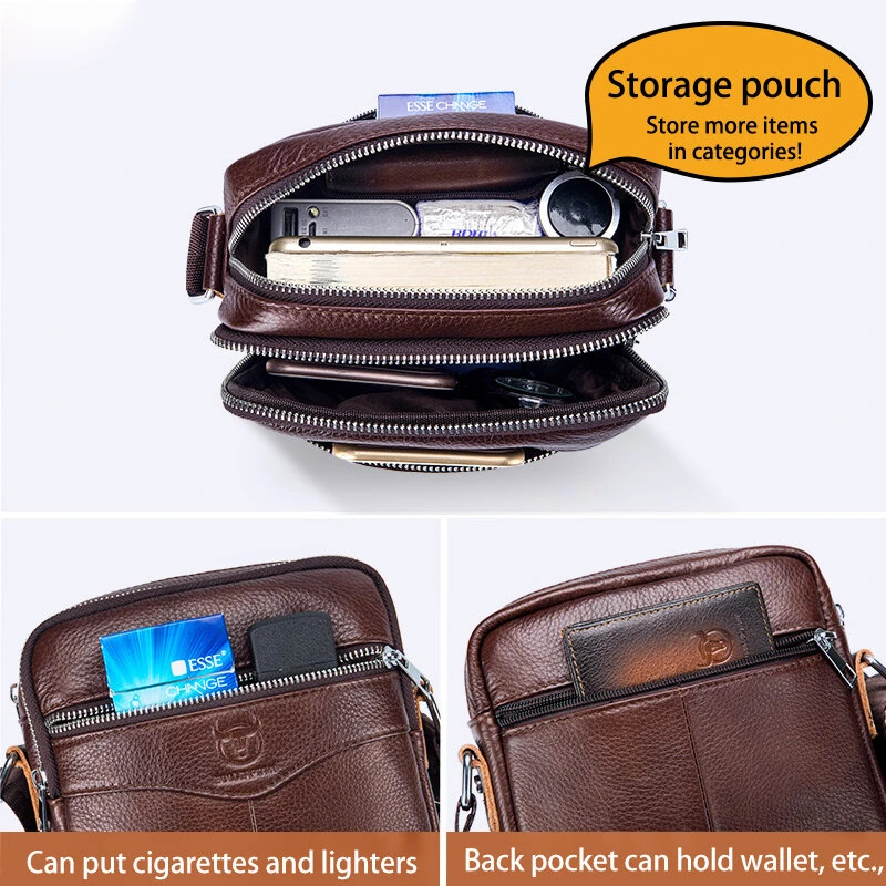 (image for) BULLCAPTAI Genuine Leather Men's Shoulder Bag Cowhide Messenger Bags Fashion Male Causal Small Double Zipper Crossbody Bag Short-distance Compact Mini Travel Bag