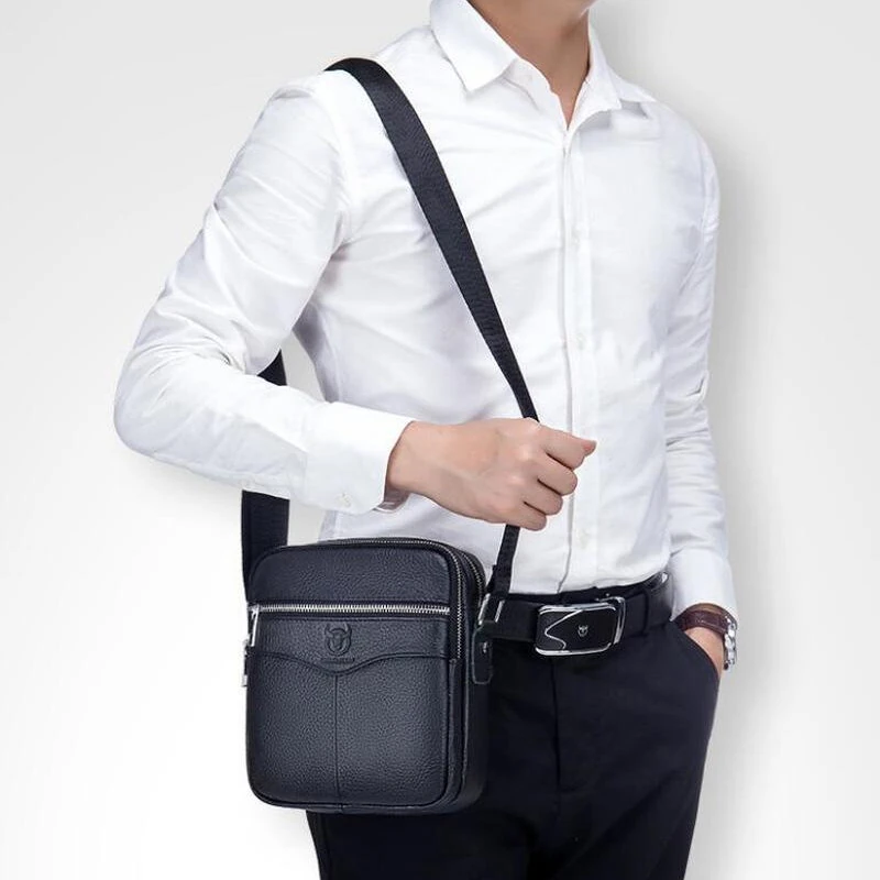 (image for) BULLCAPTAI Genuine Leather Men's Shoulder Bag Cowhide Messenger Bags Fashion Male Causal Small Double Zipper Crossbody Bag Short-distance Compact Mini Travel Bag