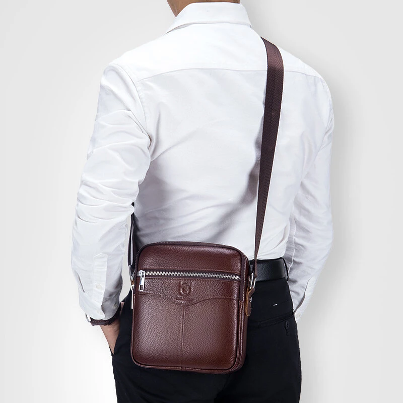 (image for) BULLCAPTAI Genuine Leather Men's Shoulder Bag Cowhide Messenger Bags Fashion Male Causal Small Double Zipper Crossbody Bag Short-distance Compact Mini Travel Bag