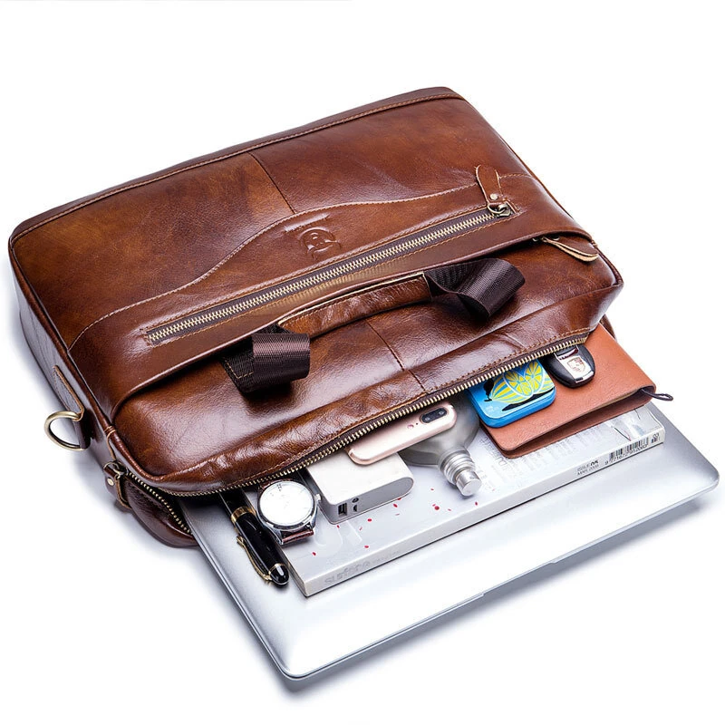 (image for) BULLCAPTAIN Briefcase Shoulder Messenger Bags Men's Genuine Leather 14-inch Laptop Bag's Men's Briefcase Office Business Handbag