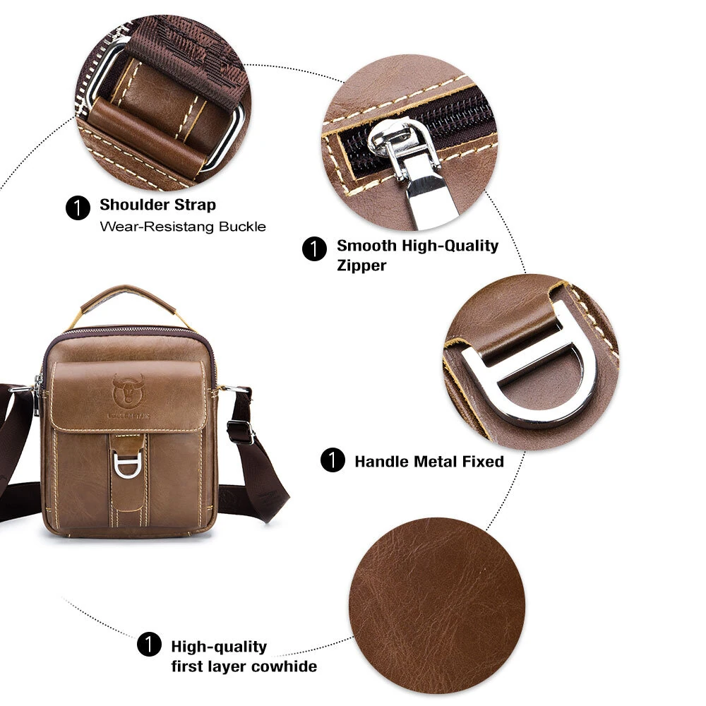(image for) BULLCAPTAIN Genuine Leather Men's Messenger Bag Casual Crossbody Handbag Gift for Man Business Shoulder Bag