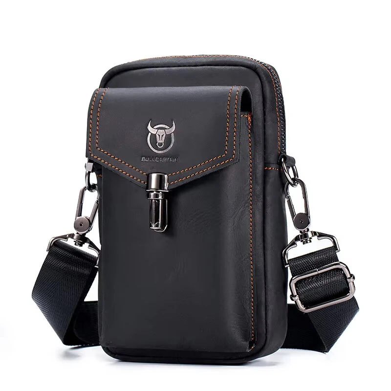 (image for) BULLCAPTAIN Genuine Leather Men's Waist Bags Crossbody Bages Multifunctional 7-inch Mobile Phone Practical Bag for Male Casual Shoulder Messenger Bages