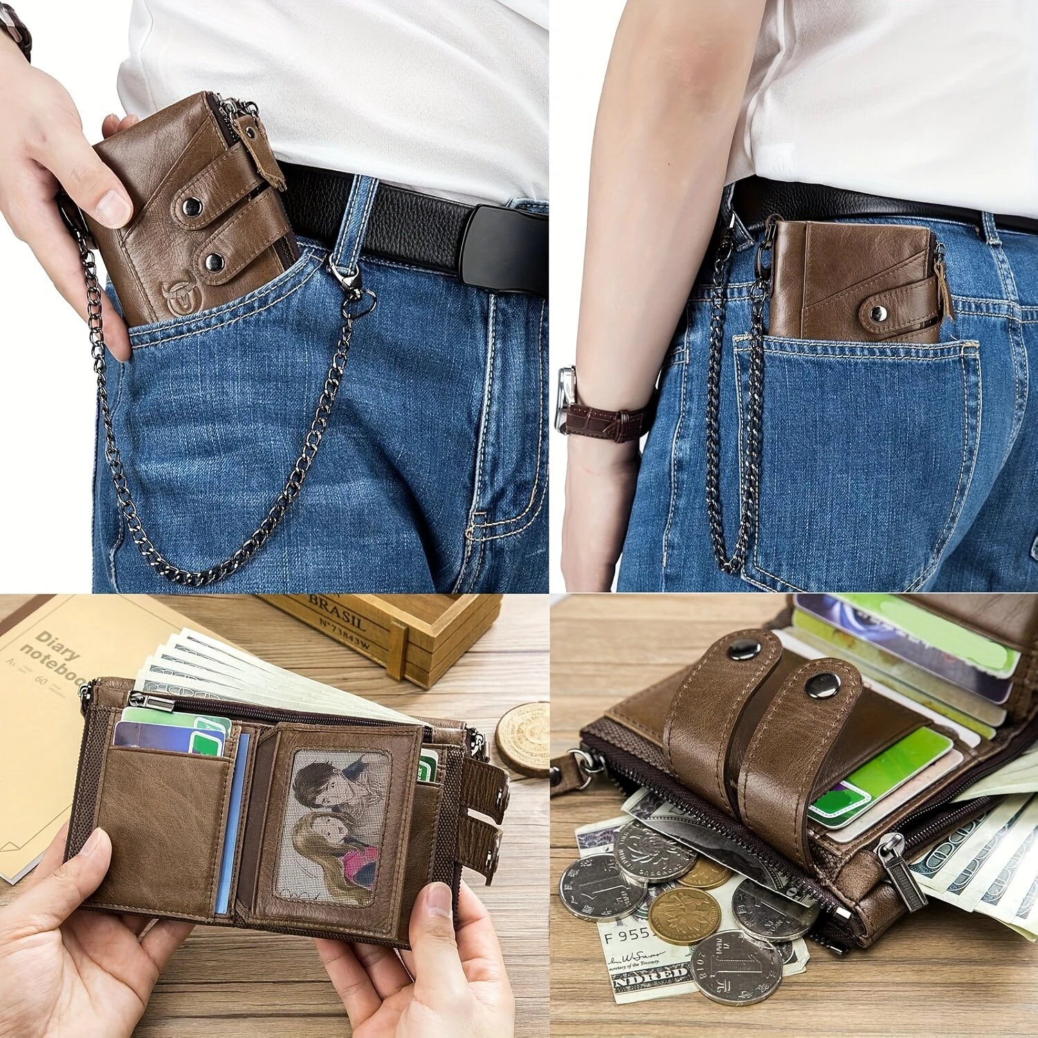 (image for) BULLCAPTAIN Genuine Leather Mens Wallet RFID Blocking Short Wallet with Chain Multifunction Card Holder Double Zipper Coin Purse Money Clip Compact Storage Bag Stylish