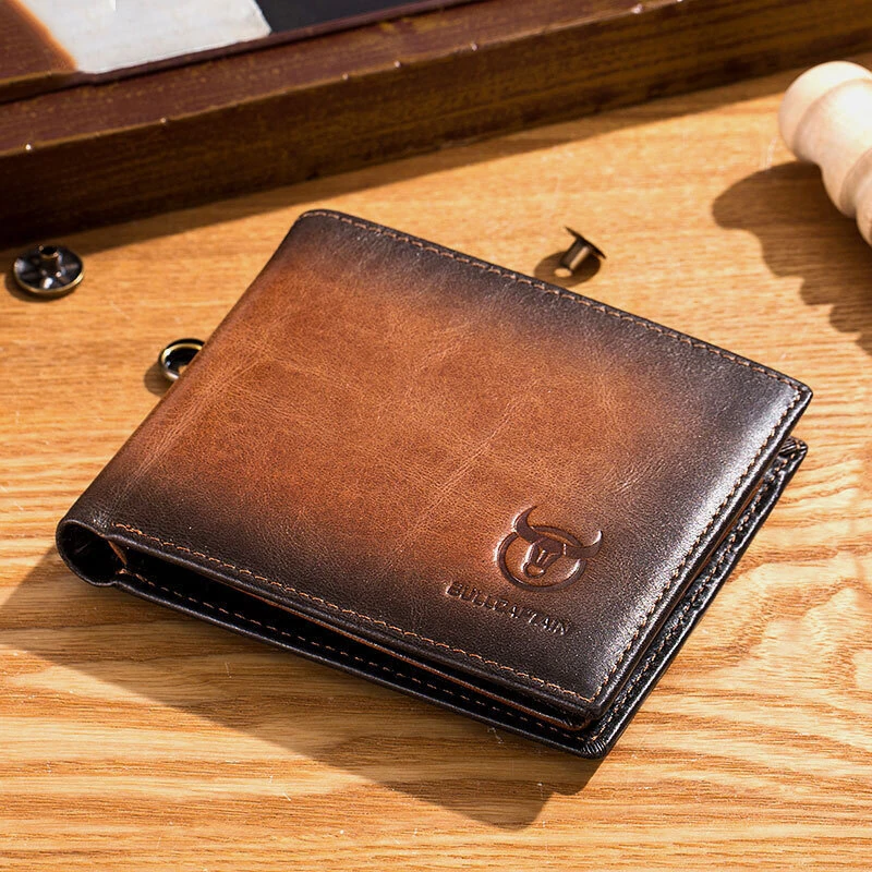 (image for) BULLCAPTAIN Genuine Leather RFID Blocking Wallet for Men, Retro Thin Short Multi-functional ID Credit Card Holder Multiple Card Slots Purse with Gift Box, Gifts To Mens Birthday