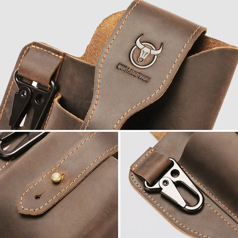 (image for) BULLCAPTAIN Genuine Leather Waist Bag for Men Belt Bag Packs 7inch Cell Phone Purse Waist Bag Wear Buckle Retro Belt Pack