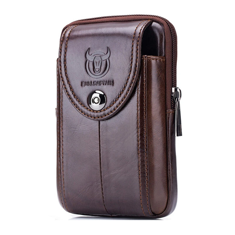 (image for) BULLCAPTAIN Genuine Leather Waist Pack Mens Small Fanny Belt Bag Travel Phone Pouch Male Work Leather Waist Bag