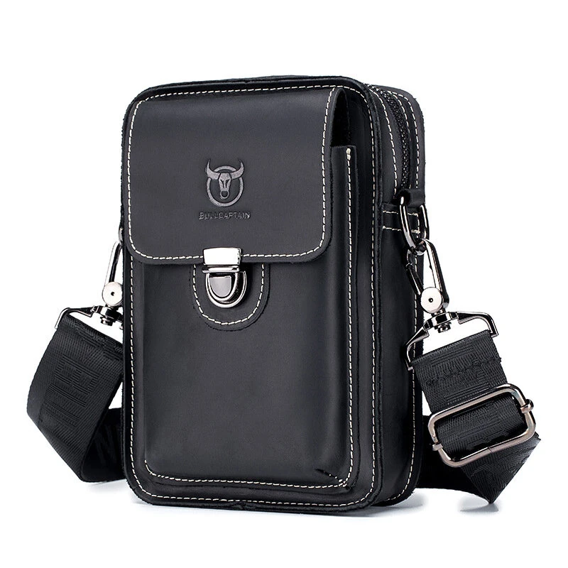 (image for) BULLCAPTAIN Men Casual Waist Bag Belt Purse Genuine Leather Multifunctional Shoulder Messbage Bag Mobile Phone Crossbody Bags Waist Pack