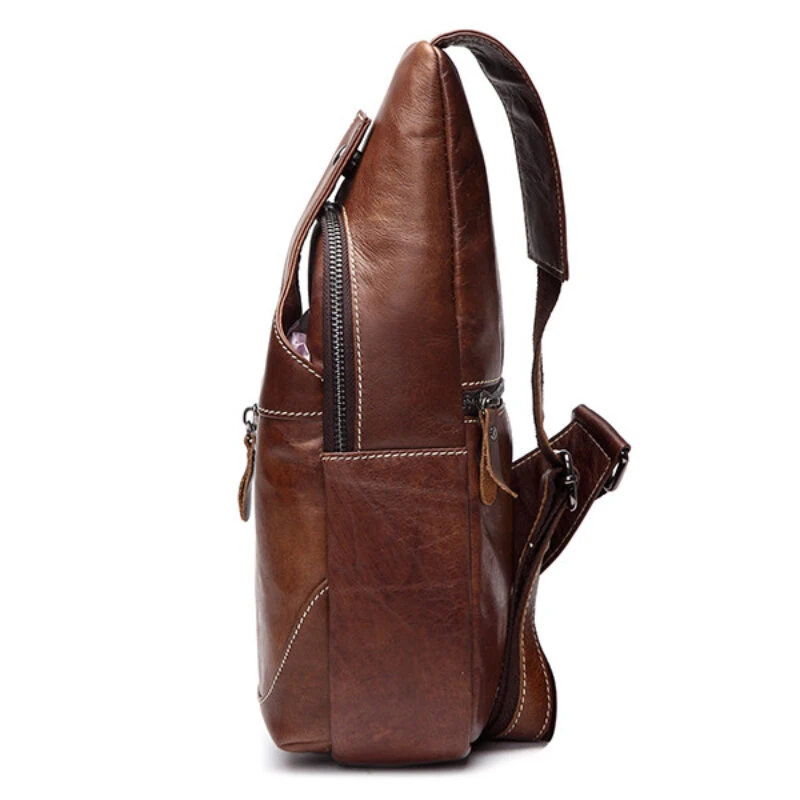 (image for) BULLCAPTAIN Men Genuine Leather Wear Resisting Textured Business Casual Brown Black Chest Bag Shoulder Crossbody Bag