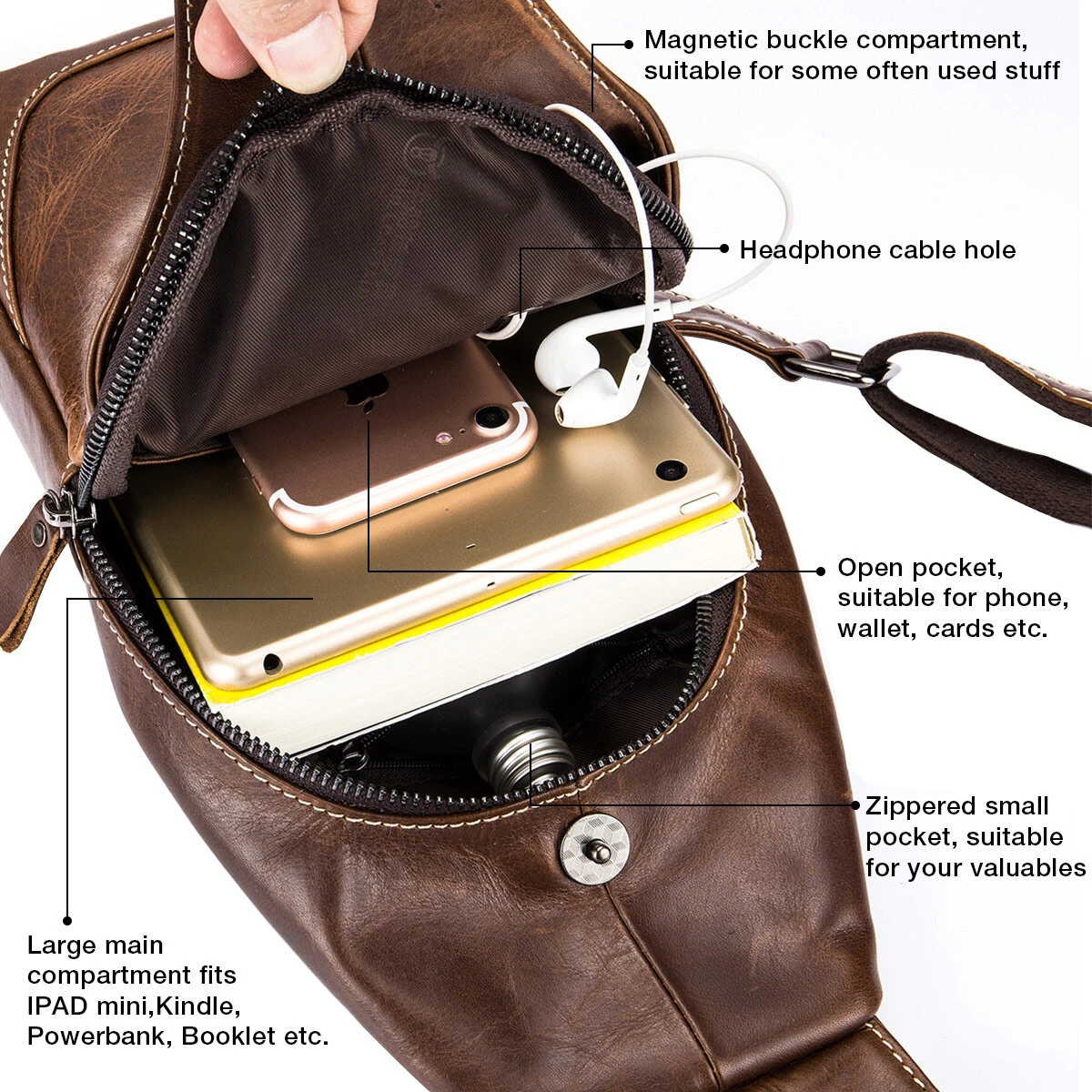 (image for) BULLCAPTAIN Men Genuine Leather Wear Resisting Textured Business Casual Brown Black Chest Bag Shoulder Crossbody Bag
