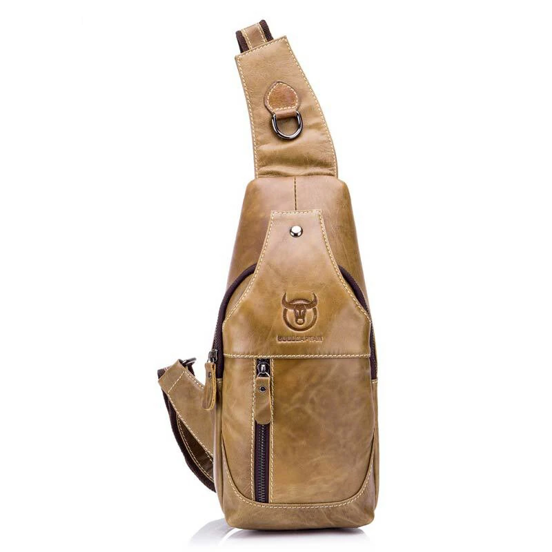 (image for) BULLCAPTAIN Men Genuine Leather Wear Resisting Textured Business Casual Brown Black Chest Bag Shoulder Crossbody Bag