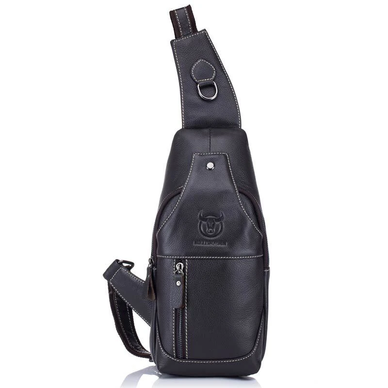 (image for) BULLCAPTAIN Men Genuine Leather Wear Resisting Textured Business Casual Brown Black Chest Bag Shoulder Crossbody Bag