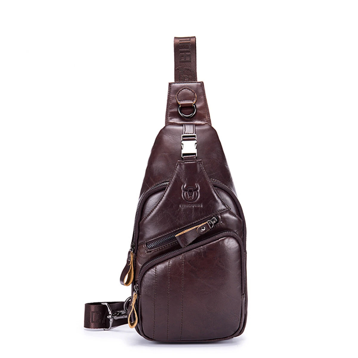 (image for) BULLCAPTAIN Men Multi-Pocket Leather Chest Bag Casual Sports Multifunctional Large Capacity Crossbody Shoulder Bag