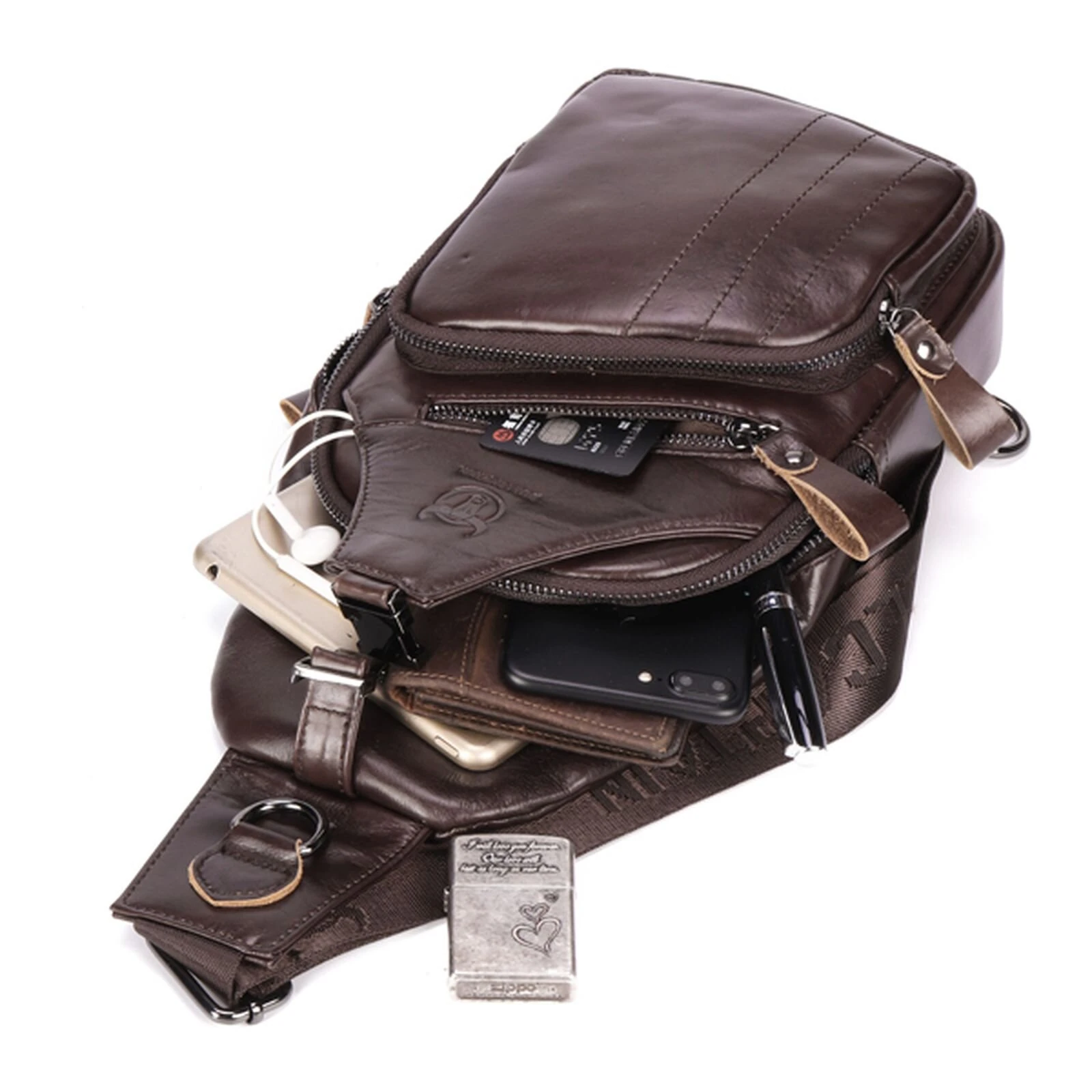 (image for) BULLCAPTAIN Men Multi-Pocket Leather Chest Bag Casual Sports Multifunctional Large Capacity Crossbody Shoulder Bag