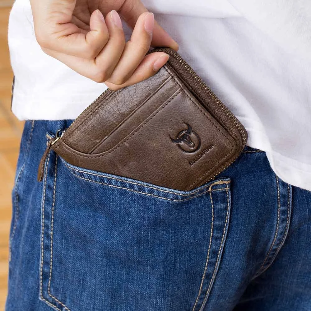 (image for) BULLCAPTAIN Men Short Wallet RFID Blocking Card Holder Cowhide Coin Purse Retro Genuine Leather Clutch Zipper Male Money Bags