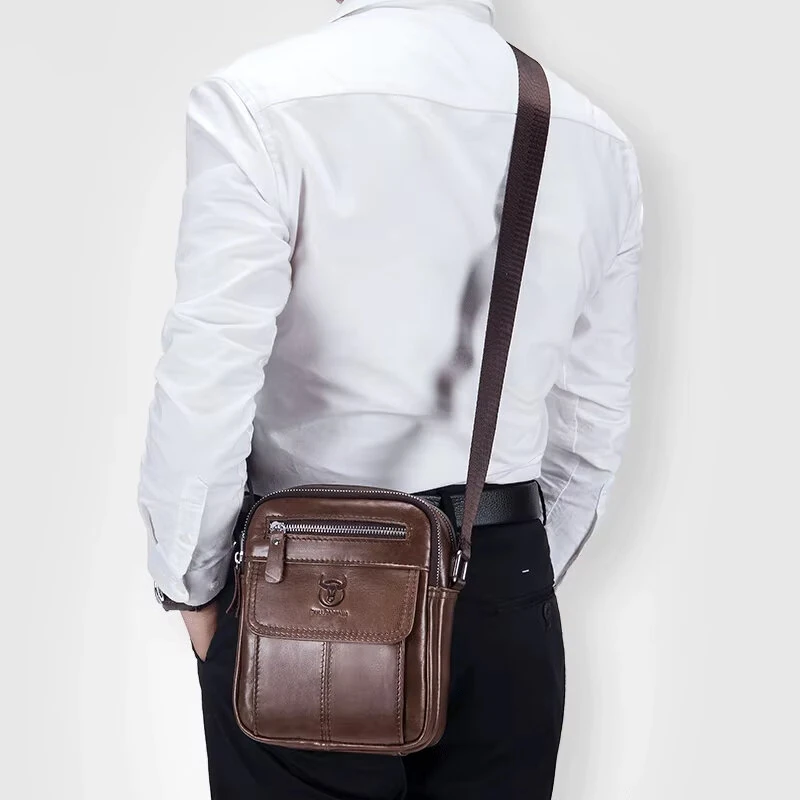 (image for) BULLCAPTAIN Men's Casual Shoulder Bag High Quality Business Messenger Bag Cowhide Leather Mini Pocket Large Capacity Bag for Men