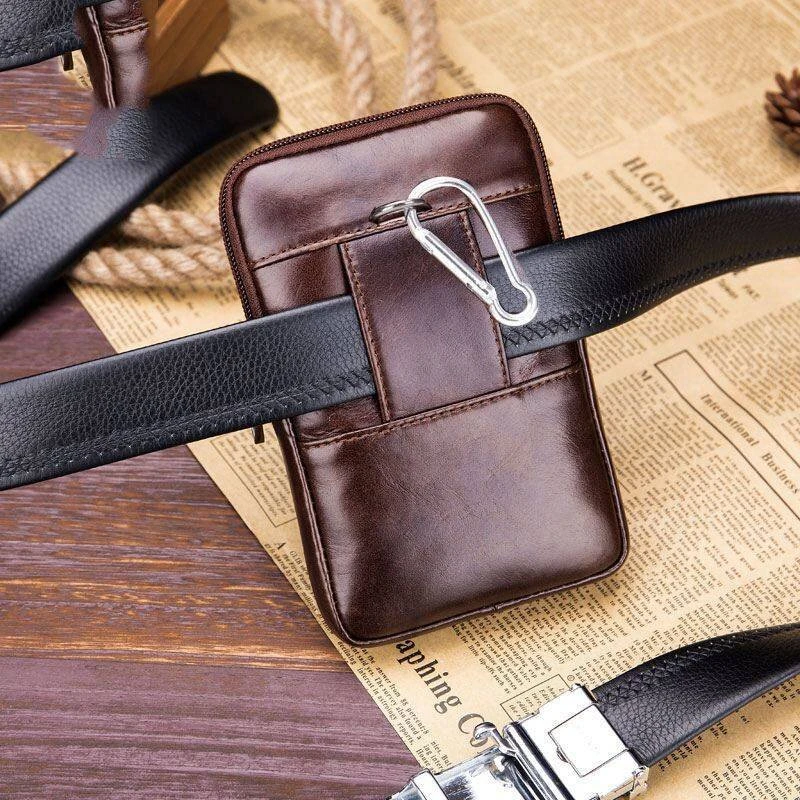 (image for) BULLCAPTAIN Men's Leather Belt Waist Bag Travel Small Fanny Pack Phone Pouch Multifunctional Male Waist Bag Leather Pouch
