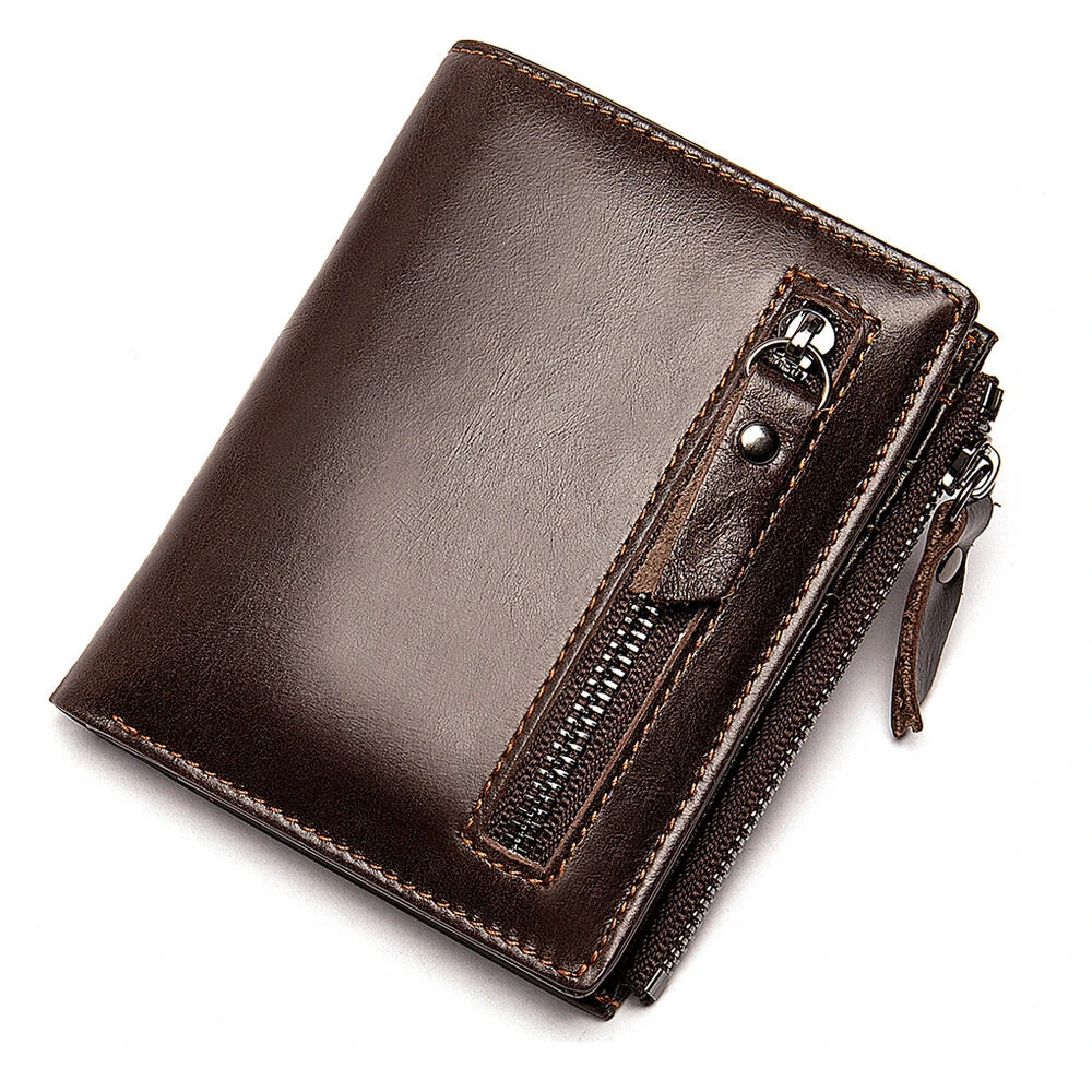 (image for) Ekphero Genuine Leather Mens Wallet Man Zipper Short Small Coin Purse Male Rfid Anti-theft Swipe Card Purse Multicard Slot ID Credit Holder