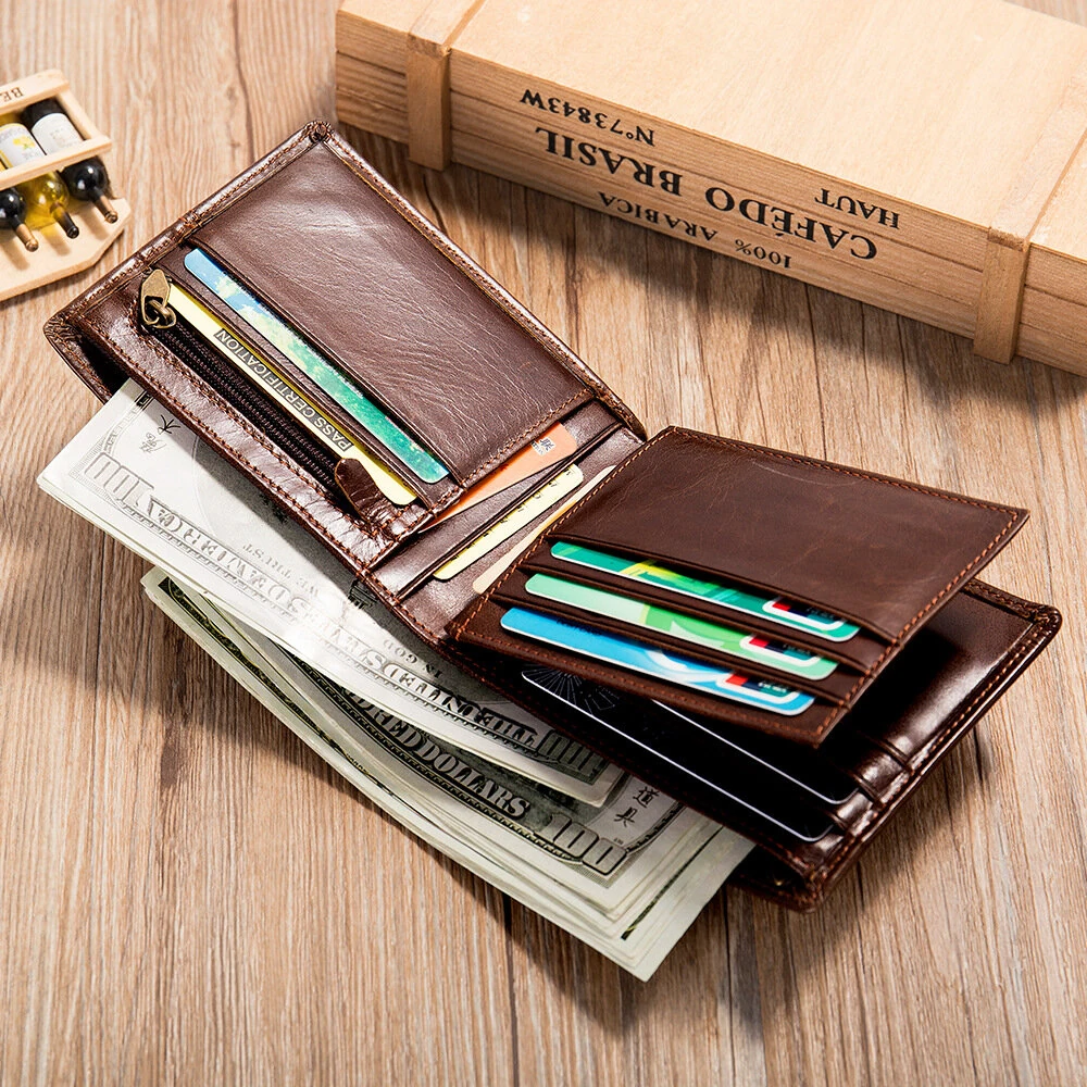 (image for) Ekphero Men's Retro Genuine Leather Short Wallet RFID Blocking Horizontal Money Clip Multi-card Slot Card Holder Anti-theft Brush Coin Purse