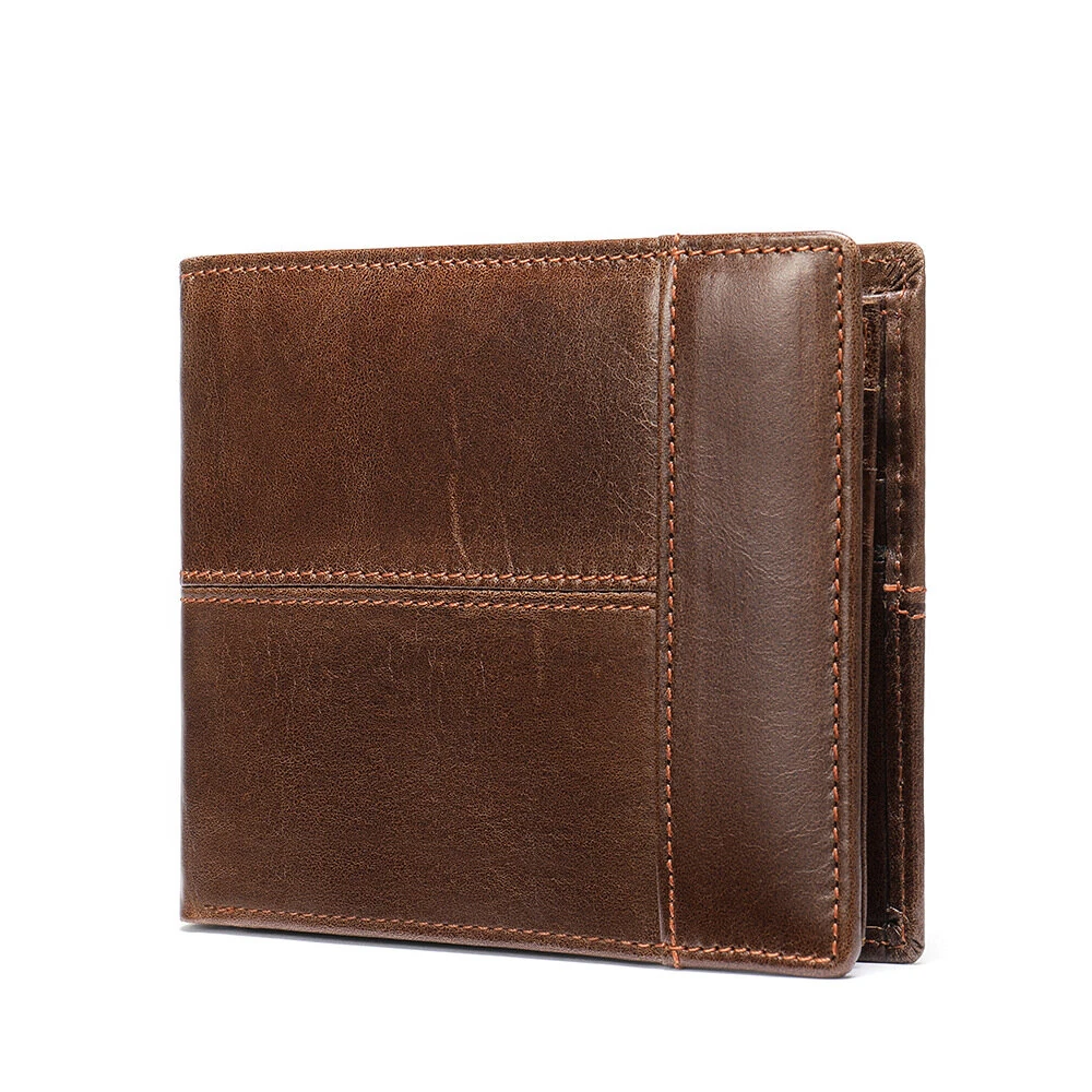 (image for) Ekphero Men's Retro Genuine Leather Short Wallet RFID Blocking Horizontal Money Clip Multi-card Slot Card Holder Anti-theft Brush Coin Purse