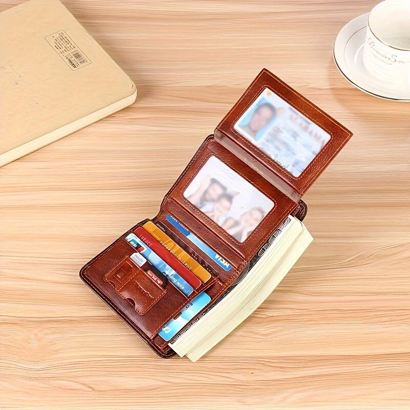 (image for) Ekphero Men's Wallet Genuine Leather RFID Blocking Short Wallet Vintage Thin Multi Function ID Credit Card Holder Flip-flop Male Money Purse