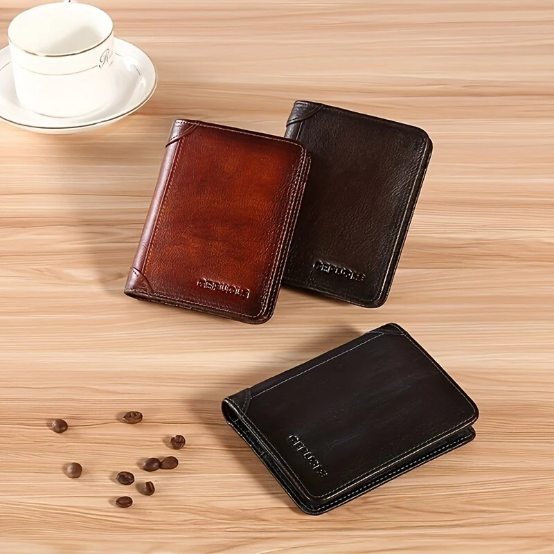 (image for) Ekphero Men's Wallet Genuine Leather RFID Blocking Short Wallet Vintage Thin Multi Function ID Credit Card Holder Flip-flop Male Money Purse