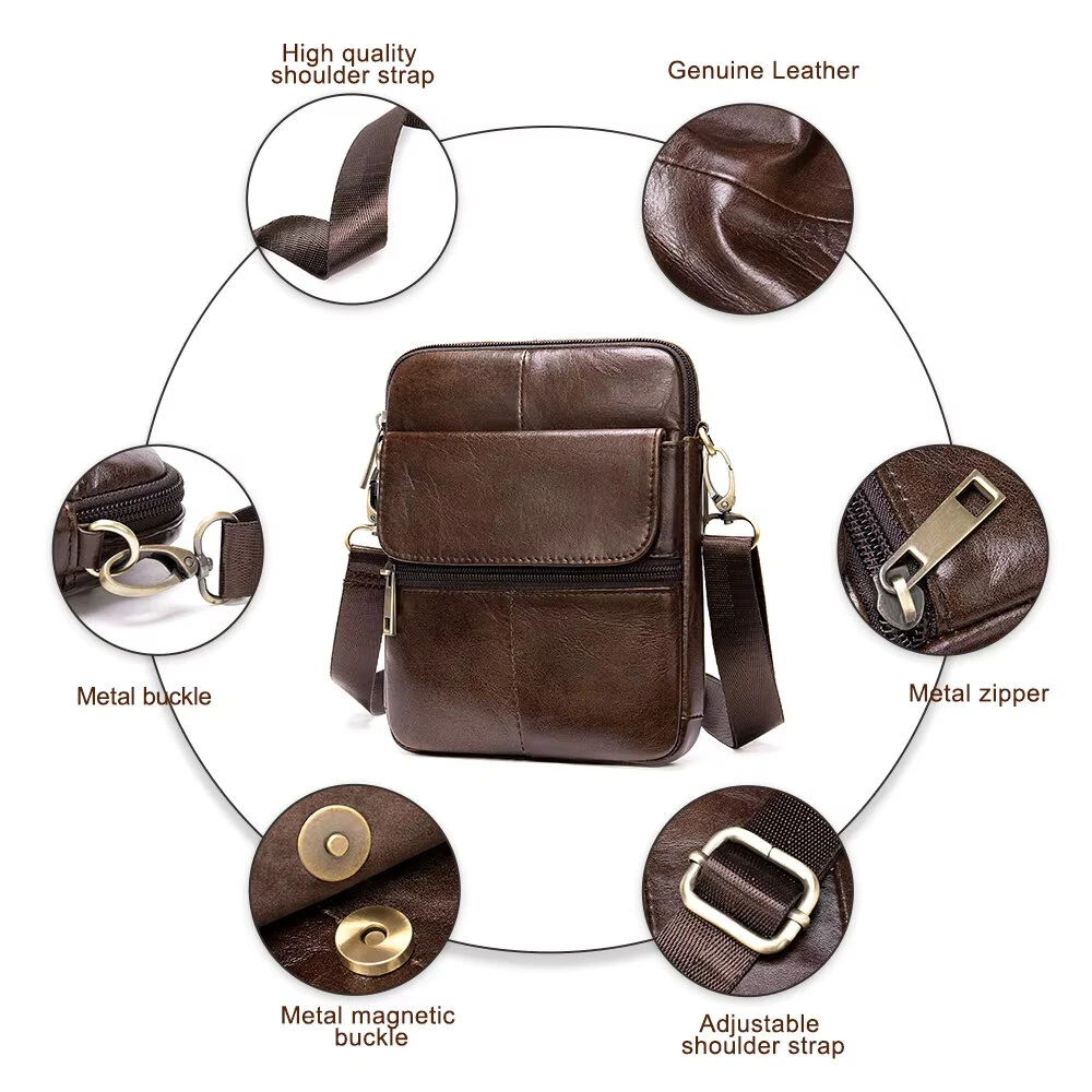 (image for) Ekphero Zipper Genuine Leather Messenger Bags Business Small Crossbody Bag Casual Travel Flap Shoulder Bag